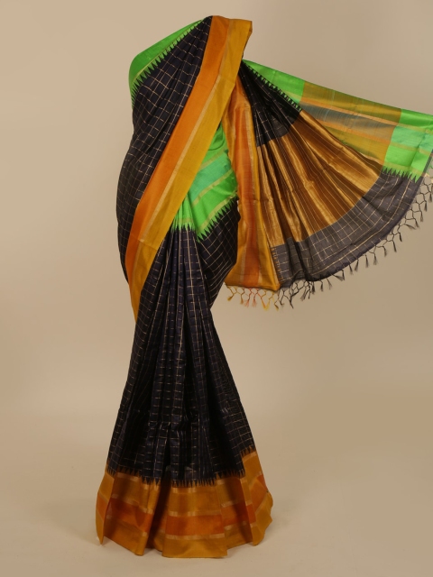 

Pothys Navy Blue & Mustard Jute Silk Checked Saree