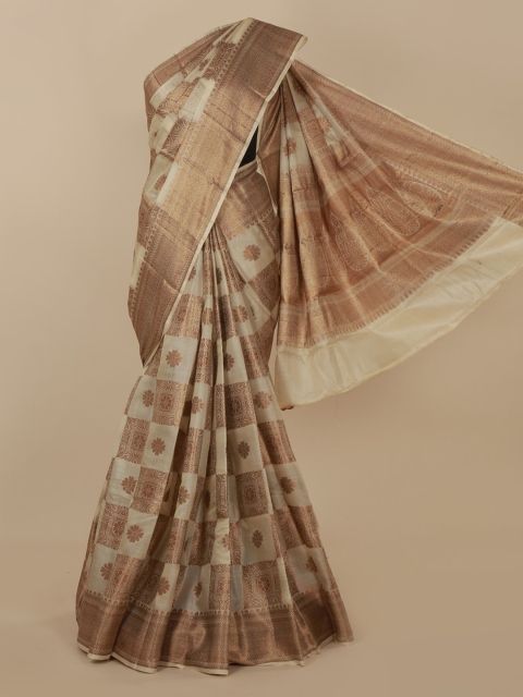 

Pothys Cream-Coloured & Brown Jute Silk Woven Design Tussar Saree
