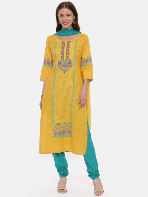 

Neerus Women Yellow & Blue Printed Kurta with Churidar & Dupatta
