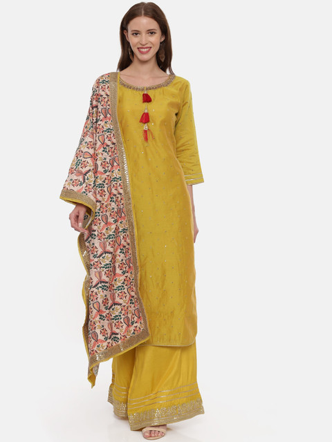 

Neerus Women Mustard Yellow Woven Design Kurta with Palazzos & Dupatta