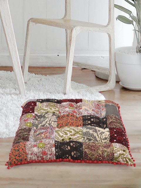 

Tistabene Green & Orange Patchwork Handloom Gaddi Square Floor Cushion