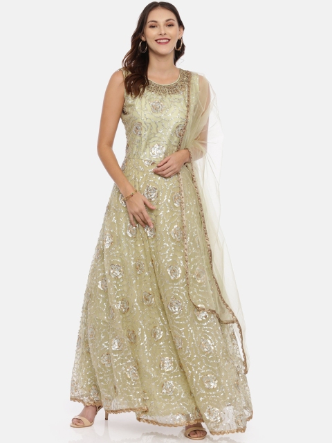 

Neerus Women Olive Green Solid Sequinned Anarkali Kurta with Trousers & Dupatta