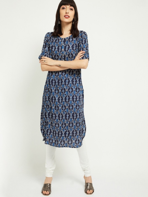

max Women Blue Printed Straight Kurta