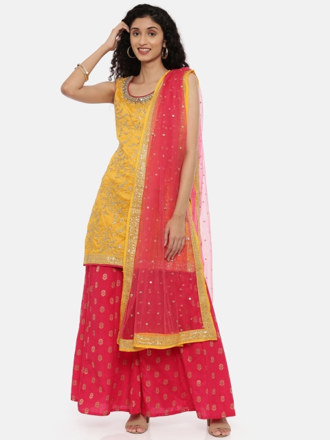 

Neerus Women Yellow & Pink Embroidered Silk Kurta with Sharara & Dupatta