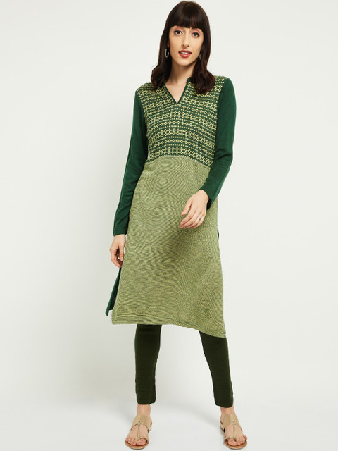 

max Women Green Woven Design Straight Kurta