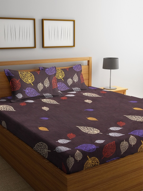 

NEUDIS Brown Floral 180 TC Polycotton 1 King Bedsheet with 2 Pillow Covers