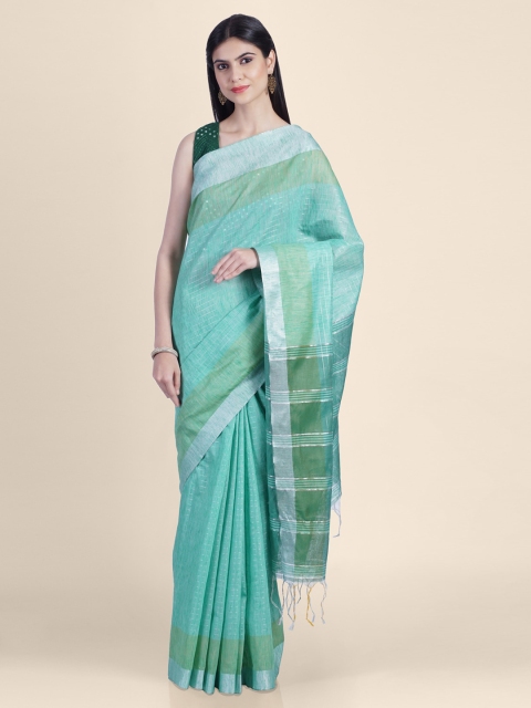 

Kasat Sea Green Solid Pure Linen Handloom Saree