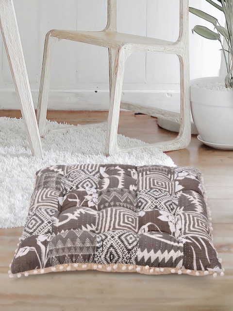

Tistabene Brown & White Patchwork Handloom Gaddi Square Floor Cushion