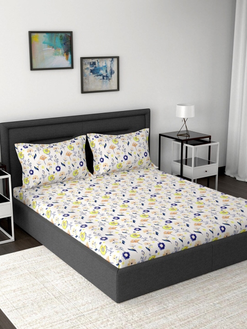 

MASPAR Yellow & White Floral 160 TC Cotton 1 Queen Bedsheet with 2 Pillow Covers