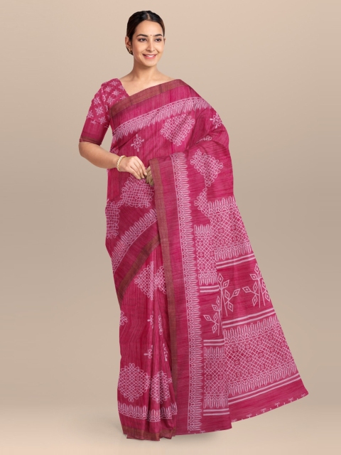 

KLM Fashion Mall Pink & Off-White Silk Blend Printed Saree