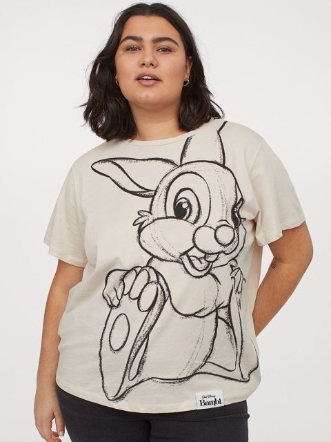 

H&M+ Women Cream & Black Printed T-shirt