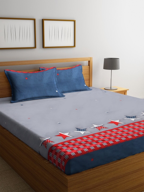 

NEUDIS Grey & Blue Geometric 180 TC Polycotton 1 Queen Bedsheet with 2 Pillow Covers