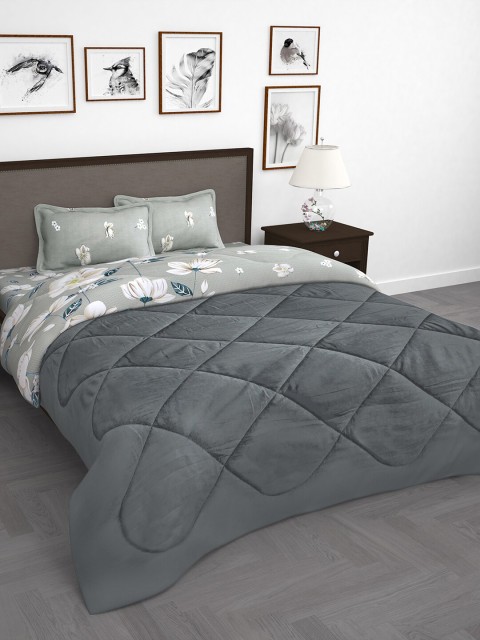 

Story@home Grey Floral Print 210 TC Reversible Double Queen Bedding Set
