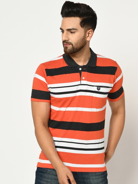 

Duke Men Orange & Black Striped Polo Collar T-shirt