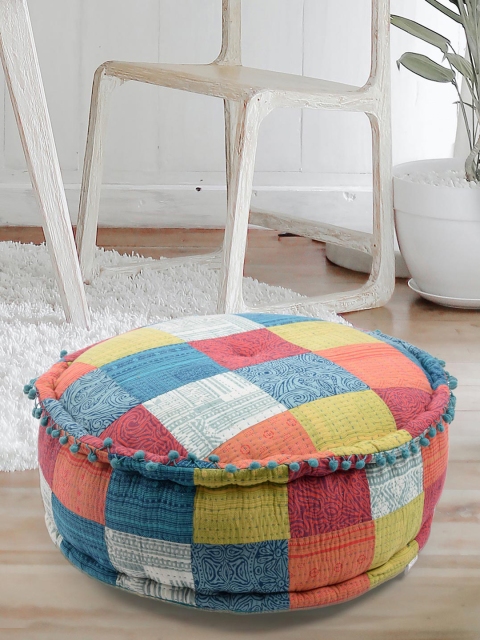 

Tistabene Orange & Blue Patchwork Printed Floor Cushion