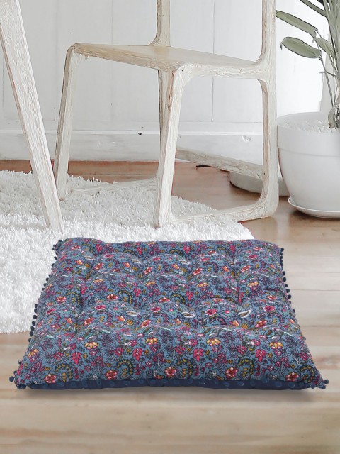 

Tistabene Blue & Pink Floral Printed Pom-Pom Trim Square Cushion With Filling