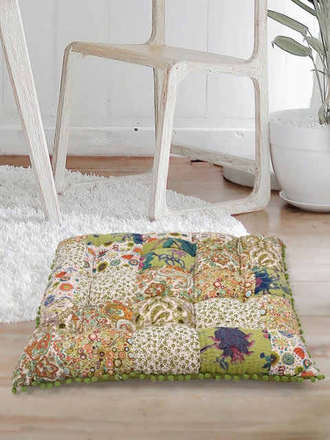 

Tistabene Green & White Printed Patchwork Rectangle-Shaped Floor Cushion