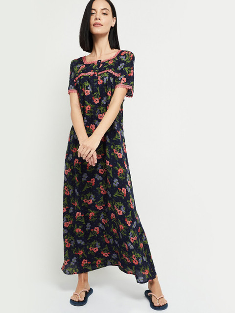 

max Navy Blue & Pink Floral Printed Nightdress