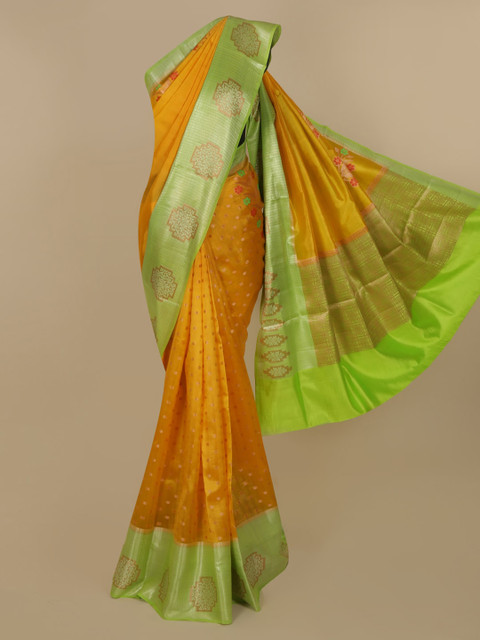 

Pothys Orange & Green Jute Silk Checked Saree