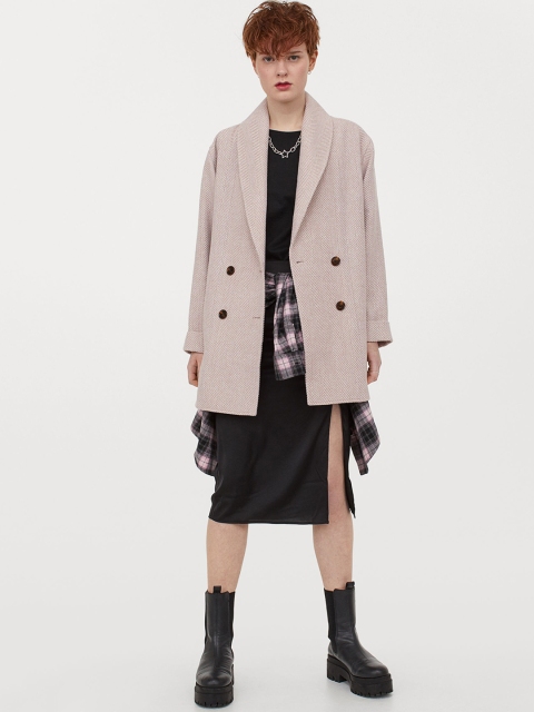 

H&M Women Pink Self-Design Wool-Blend Coat