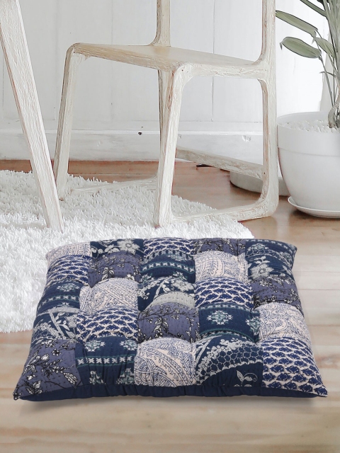 

Tistabene Blue & Beige Patchwork Handloom Printed Square Floor Cushion Gaddi