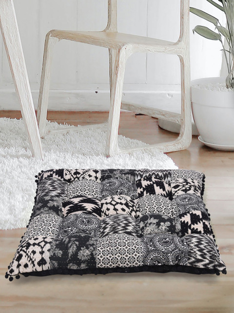 

Tistabene Black & White Patchwork Printed Square Floor Cushion Gaddi