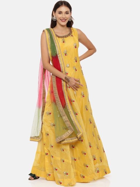 

Neerus Women Yellow Embroidered Kurta with Churidar & Dupatta