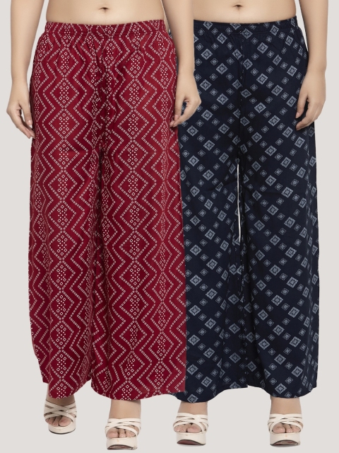 

KLOTTHE Women Pack Of 2 Navy Blue & Maroon Printed Straight Palazzos