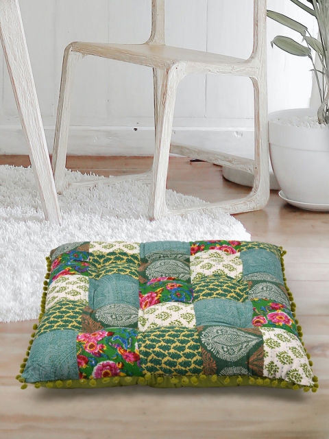 

Tistabene White & Green Patchwork Handloom Printed Square Floor Cushion Gaddi
