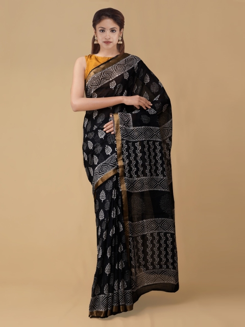 

Unnati Silks Black Pure Cotton Printed Block Print Saree
