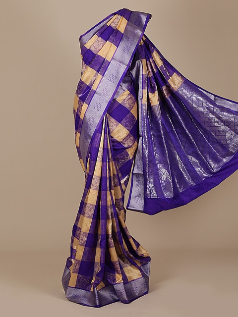 

Pothys Navy Blue & Gold-Toned Art Silk Checked Saree