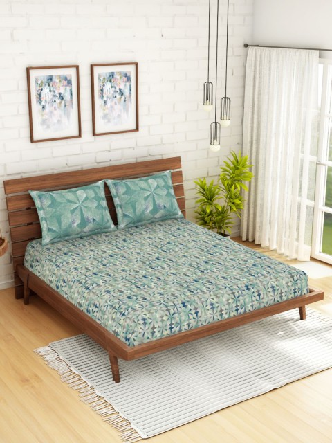 

SPACES Teal Printed 144 TC Queen Bedsheet With 2 Pillow Covers