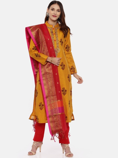 

Neerus Women Mustard Yellow & Red Printed Kurta with Trousers & Dupatta