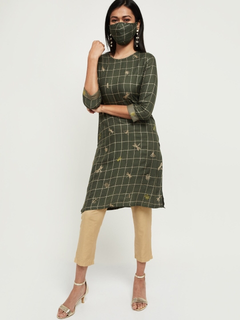 

max Women Green Checked Straight Kurta