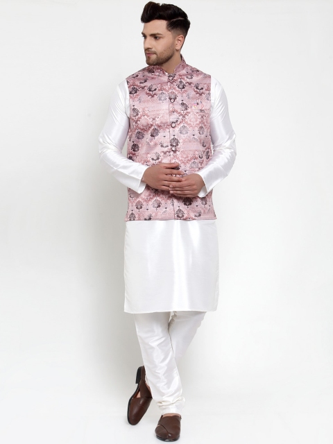 

Jompers Men White & Pink Solid Kurta with Pyjamas & Nehru Jacket