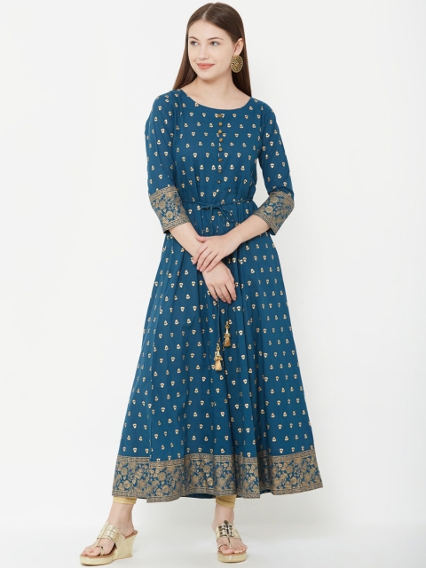 

FASHOR Women Teal Blue Printed Ethnic Maxi Dress
