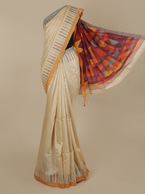

Pothys Cream-Coloured Solid Jute Silk Saree