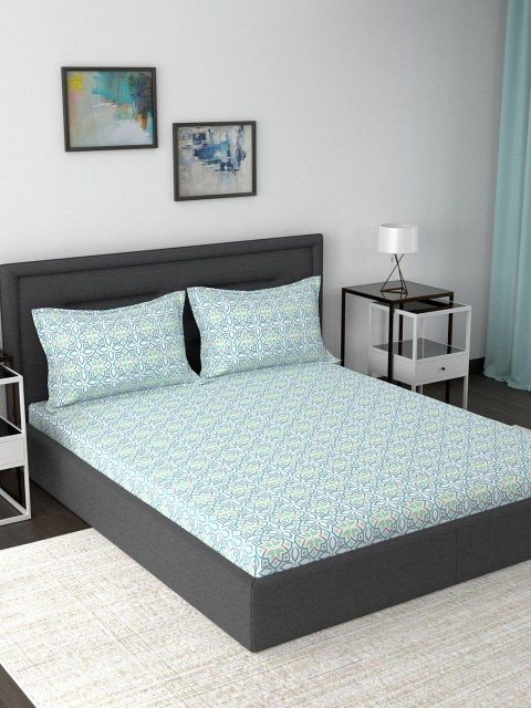 

MASPAR Blue Floral 210 TC Cotton 1 Queen Bedsheet with 2 Pillow Covers