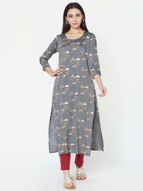 

FASHOR Women Grey & White Printed Straight Kurta