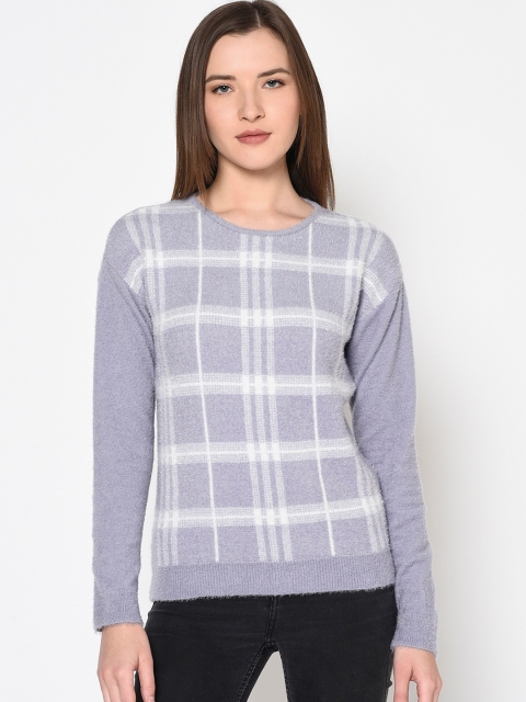 

METTLE Women Purple & White Checked Knitted Pullover