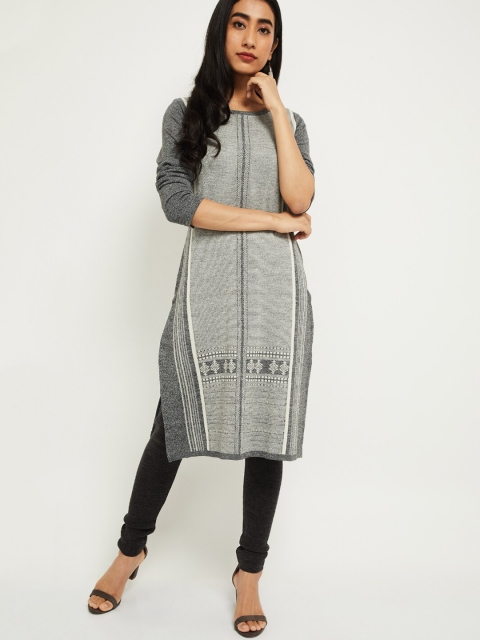 

max Women Grey Striped Straight Kurta