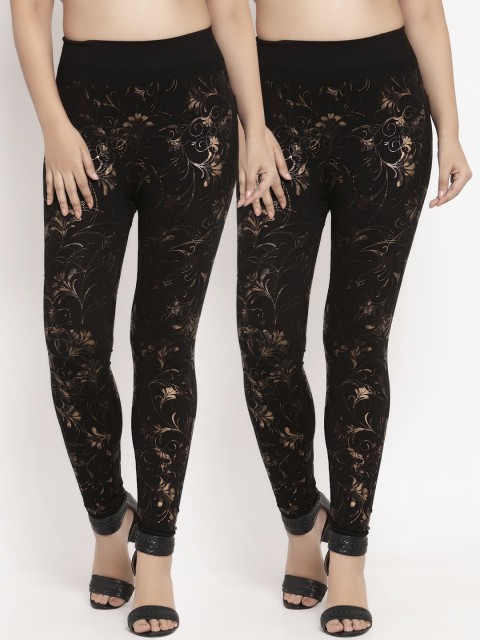

KLOTTHE Women Black & Gold Pack of 2 Printed Churidar Length Leggings