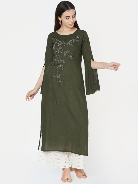 

FASHOR Women Green Embroidered Straight Kurta