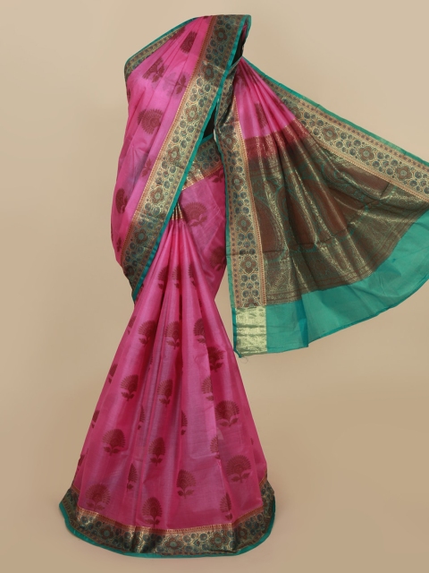 

Pothys Pink & Gold-Toned Jute Silk Woven Design Tussar Saree