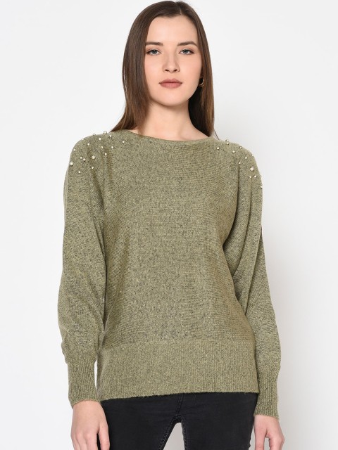 

METTLE Women Olive Green Solid Pullover Sweater