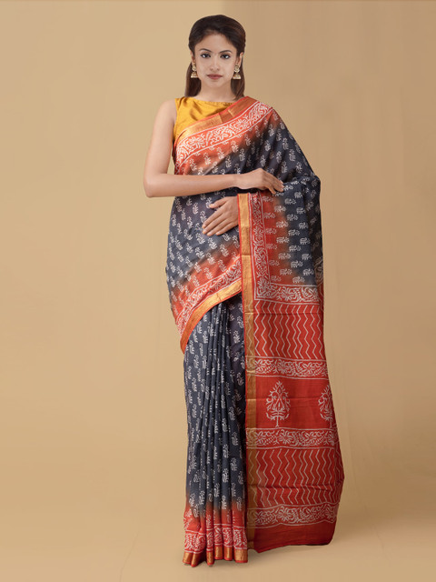 

Unnati Silks Grey Printed Block Print Saree