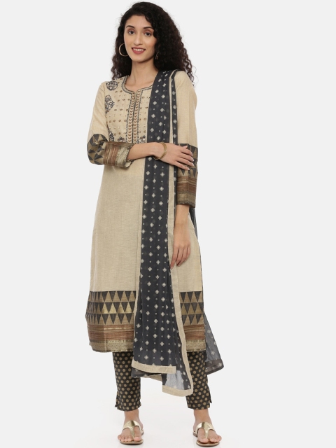

Neerus Women Beige Woven Design Kurta with Trousers & Dupatta