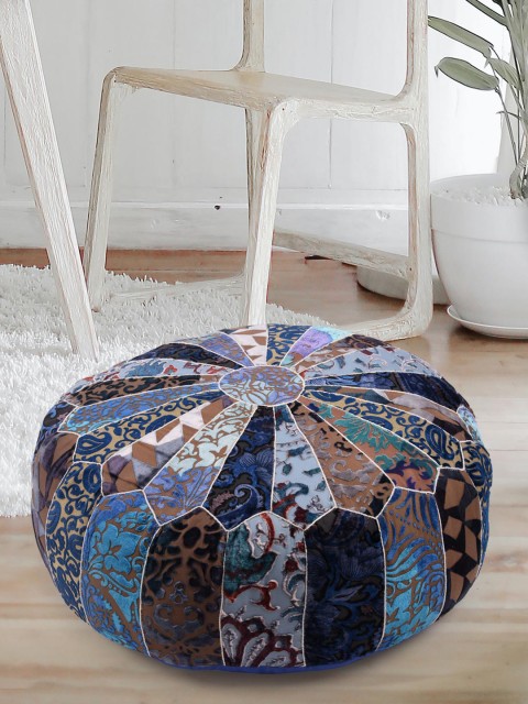 

Tistabene Blue & White Old Kanthi Work Patchwork Round Floor Cushion