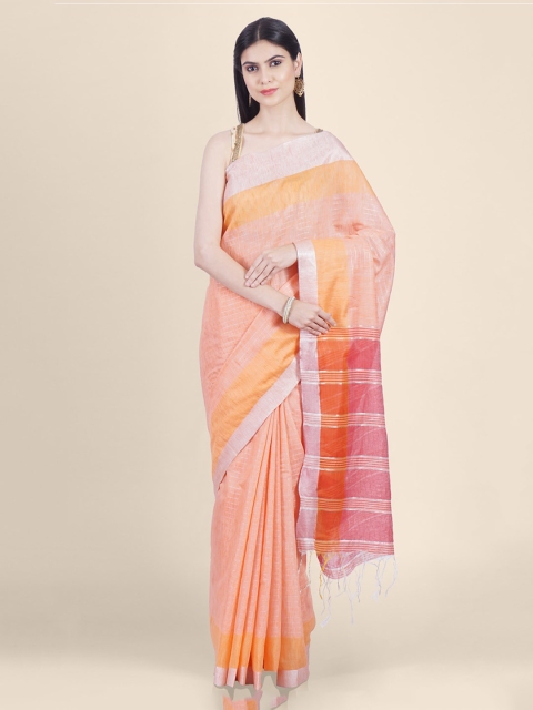 

Kasat Orange & Pink Pure Linen Handloom Striped Saree