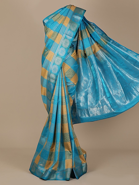 

Pothys Blue & Gold-Toned Art Silk Checked Saree